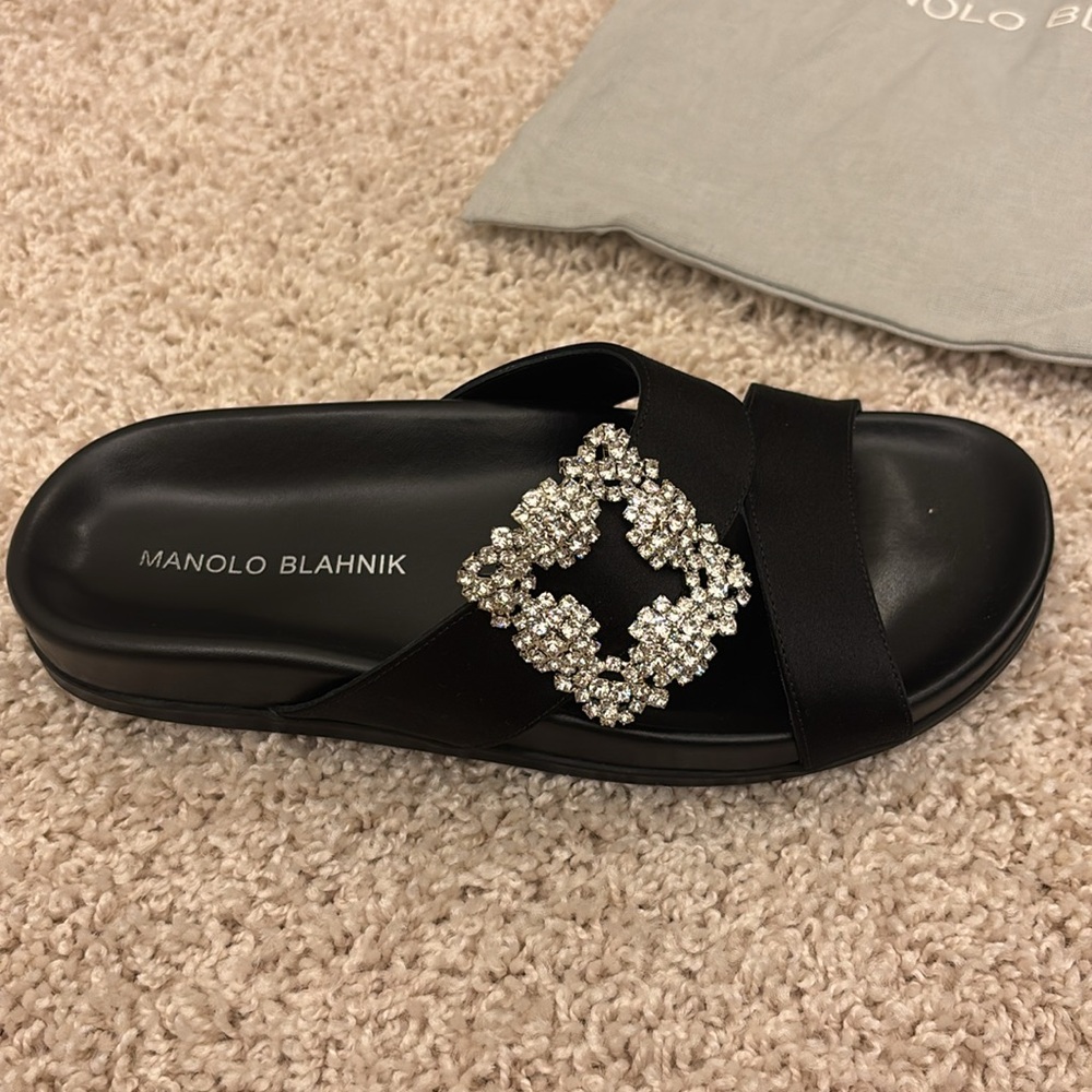 Manolo Blahnik Chilanghi Crystal Buckle Slide Sandal (Women)